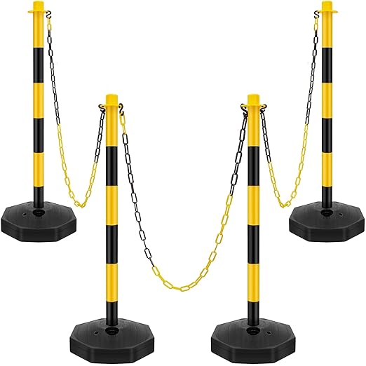Konohan 4 Sets 34 Inch Parking Cone Delineators Post Traffic Cone Plastic Stanchion Set Stands Parking Barrier with Base 6.6 ft Chain S Hooks Reflective Collar (Yellow,Black)