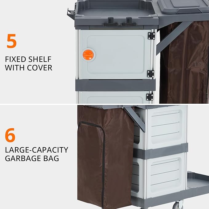 Heavy-Duty Commercial Janitorial Cleaning Cart with Dual Cabinets, 3 Storage Shelves, Vinyl Trash Bag & Smooth-Rolling Wheels – Professional Housekeeping Trolley for Hotels, Schools & Apartments