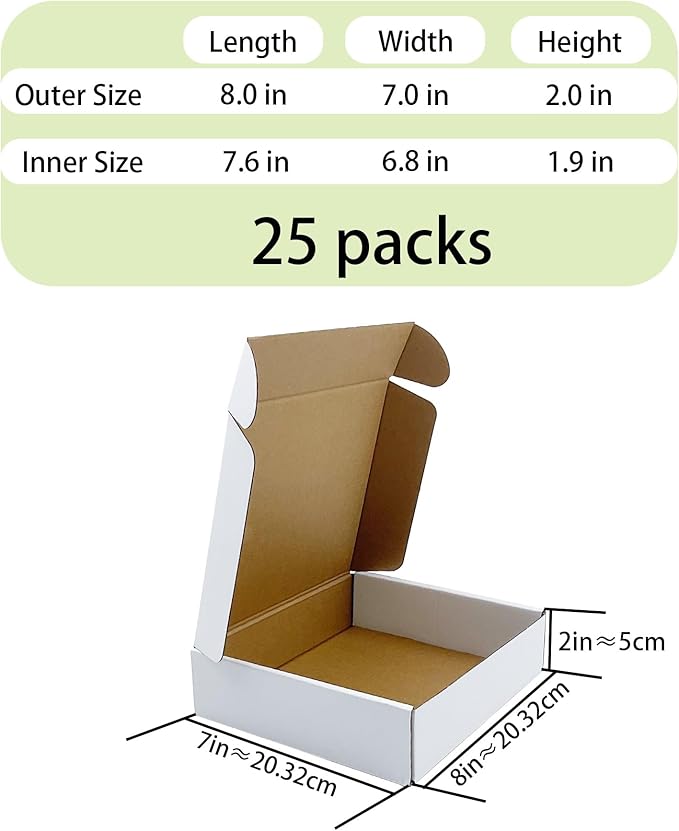 White Shipping Boxes 8x7x2 inch 25 Pack,Corrugated Boxes Mailer Packaging for Mailing Small Business，E-Commerce Gift Boxes for Wrapping Present Moving Storage Heavy Duty Recycled Cardboard Boxes