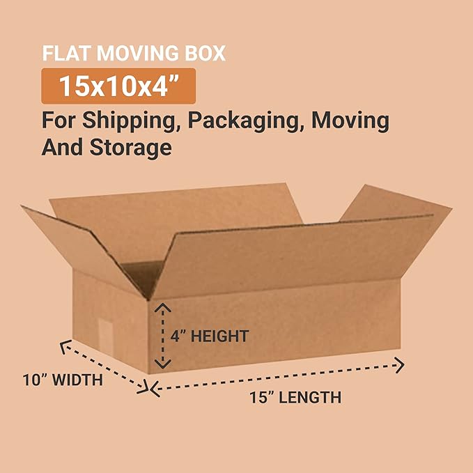 BOX USA Shipping Boxes Flat 15"L x 10"W x 4"H 25-Pack - Corrugated Cardboard Box for Moving, Mailing, Packing, Packaging and Storage
