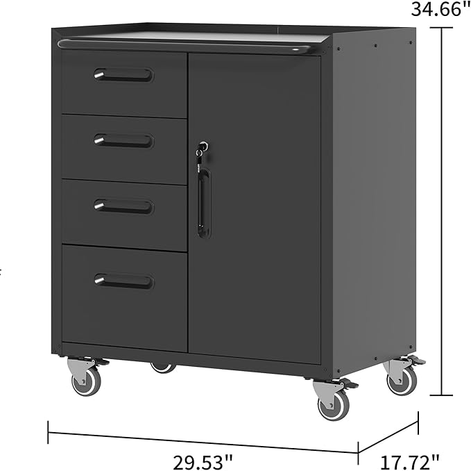 Mobile Tool Storage Cabinet with Wheels,Heavy Duty Rolling Tool Cabinets for Garage,Metal Storage Cabinets with 4 Drawer and 1 Locking Doors,Assembly Required
