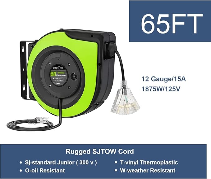 Retractable Extension Cord Reel, 65 Feet 12 AWG/3C SJTOW Heavy Duty Power Cord,15 AMP Circuit Breaker, 3-Lighted Triple Outlets, Ceiling or Wall Mount,Green