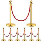 8 Pack Upgraded Stainless Steel Stanchions and Velvet Ropes 5FT Extended Red Carpet Ropes Poles Crowd Control Safety Barriers Set with Stable Base for Theaters Parties Wedding Exhibition (Gold)