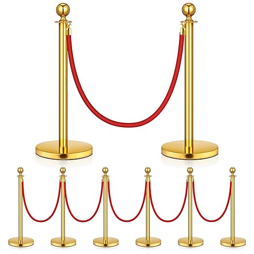 8 Pack Upgraded Stainless Steel Stanchions and Velvet Ropes 5FT Extended Red Carpet Ropes Poles Crowd Control Safety Barriers Set with Stable Base for Theaters Parties Wedding Exhibition (Gold)