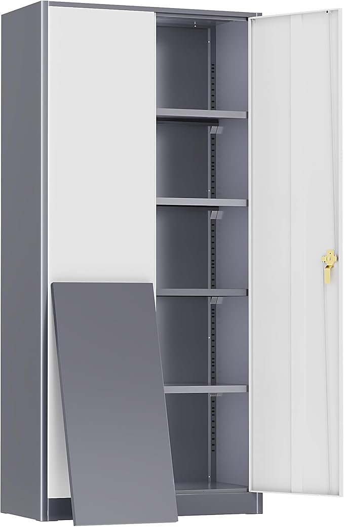 Greenvelly Metal Storage Cabinet, 72" Locking Metal Garage Storage Cabinet with Doors and 4 Adjustable Shelves, Lockable Steel Cabinet for Home Office, Garage, Shop, School (White Grey 36" W x 18" D)