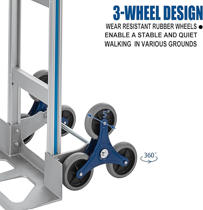 2 in 1 Aluminum Hand Truck 650 lb Capacity, Heavy Duty Stair Climbing Cart with 6 Wheels, Convertible Hand Truck and Dolly with Loop Handle