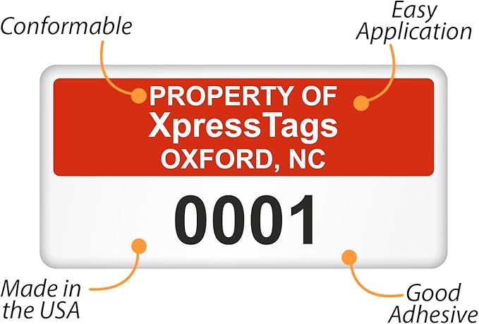 XpressTags 0.75"x1.5" Custom Asset Tags, Inventory Stickers with Sequentially Numbered Asset Labels, Permanent Adhesive Vinyl - Pack Sizes 100 to 5000, Made in USA