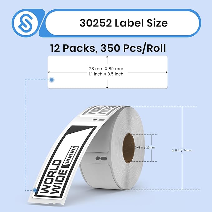 Compatible for DYMO 30252 (1-1/8" x 3-1/2") Address Barcode White Thermal Labels 12 Roll 4200 Labels Work with LabelWriter 4XL Printer NOT Fit 5XL