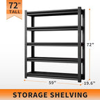 72" H Adjustable Garage Shelving 2500LBS Storage Shelves 5-Tier Heavy Duty Metal Shelves Organization Utility Industrial Shelves Rack for Garage Warehouse Pantry Basement,Black (19.6" D×59" W×72" H)