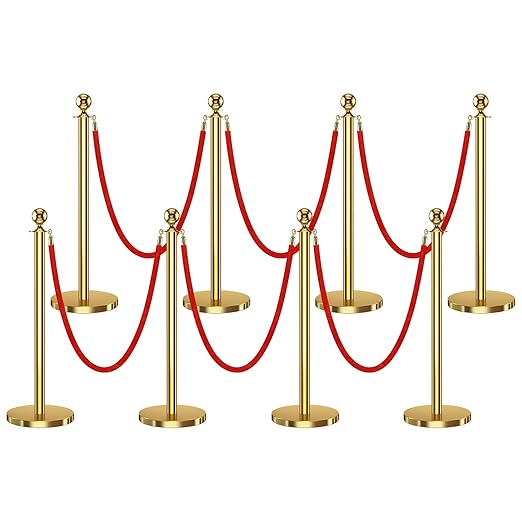 8 PCS Stanchions and Velvet Ropes, Gold Posts 5 Feet Crowd Control Barriers, Stainless Steel Poles for Red Carpet Themed Party Decoration (Golden)