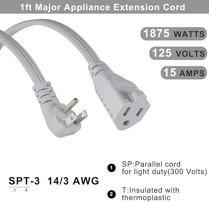 KUNCAN Appliance Power Extension Cord - 3 Prong Flat Wire SPT-3 14 AWG Heavy Duty Male to Female Extender Low Profile Grounded Cable for Major AC Unit, Air Conditioner, Refrigerator, Heater (1 Feet)