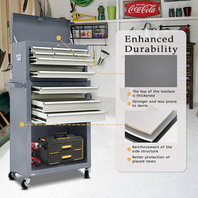 13-Drawer Rolling Tool Chest, 2 in 1 Side-Opening Tool Chest,Tool Box with Drawers and Wheels, Large Tool Cabinet with Lock, Metal Standing Toolbox for Garage Workshop-Side Gray