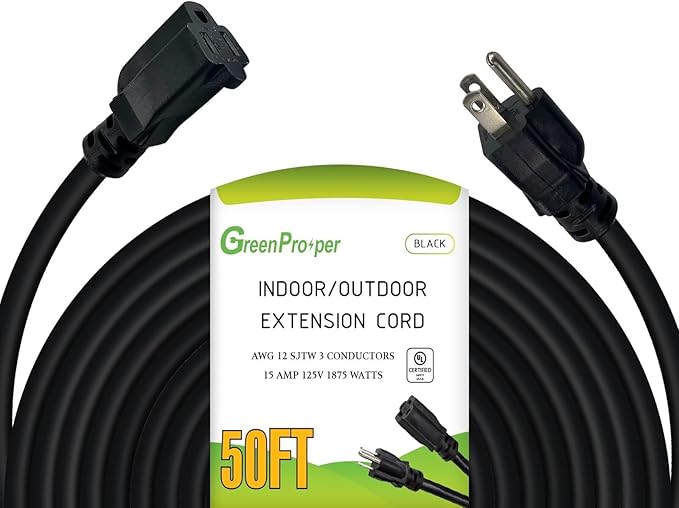 50 FT 12 Gauge Extension Cord Outdoor, Heavy Duty Weatherproof & Flame Retardant Black 3 Prong Power Cord, Outside for Garden & Lawn, 15 Amps 1875 Watts 125 VAC 12AWG SJTW, UL Listed
