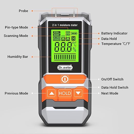 Dr.meter Wood Moisture Meter, 2 in 1 Pin & Pinless Moisture Tester, Digital Dampness Moisture Sensor Detector for Wood Firewood Drywall Paper Floor Woodworking, Water Leak Detector