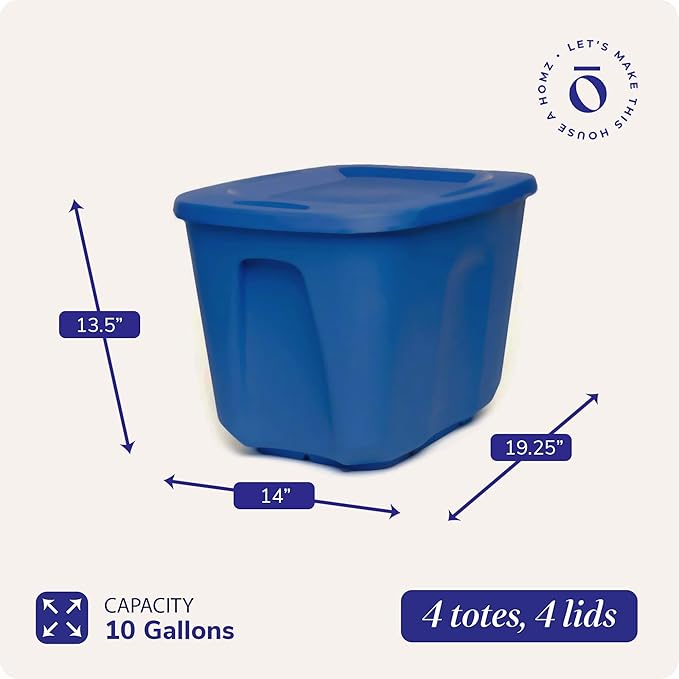 HOMZ 4-Pack Durable Molded Bin, Plastic Storage Containers w/Lids, 10 Gallon, Blue - Stackable Organizer Totes and Boxes for Bedroom, Kitchen, and Garage Organization