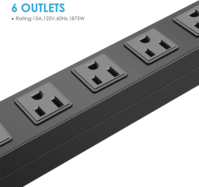 4Pack Metal Wall Mount Power Strip, Mountable Power Outlet with 6 AC Outlets, Aluminum Alloy Mount Power Socket with Switch, 6 FT SJT 3/C 14AWG Power Cord, 15A 125V 1875W (6AC)