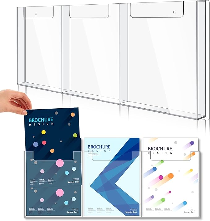 Sherr 1 Pc Acrylic Brochure Holder Wall Mount, 8.5 x 11 Inches Clear Hanging Flyer Display Holder Plastic Pamphlet Stand for Magazine, Booklet, Bookmark (Three-slot)