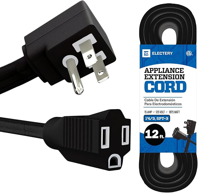 12 ft Heavy Duty Appliance Extension Cord, 14 AWG, 15A 125V 1875W, 3 Prong Flat Plug, ETL Listed, Short Power Extension Cable for Air Conditioner, Refrigerator, Microwave, Indoor Use, Black