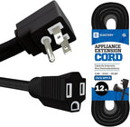 12 ft Heavy Duty Appliance Extension Cord, 14 AWG, 15A 125V 1875W, 3 Prong Flat Plug, ETL Listed, Short Power Extension Cable for Air Conditioner, Refrigerator, Microwave, Indoor Use, Black
