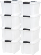 IRIS USA 21 Qt Stackable Plastic Storage Bins with Lids, 8 Pack - BPA-Free, Made in USA - Discreet Organizing Solution, Latches, Durable Nestable Containers, Secure Pull Handle - Pearl