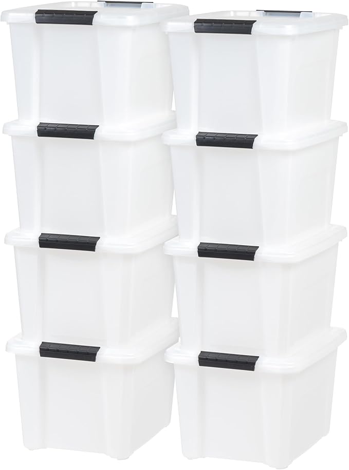 IRIS USA 21 Qt Stackable Plastic Storage Bins with Lids, 8 Pack - BPA-Free, Made in USA - Discreet Organizing Solution, Latches, Durable Nestable Containers, Secure Pull Handle - Pearl