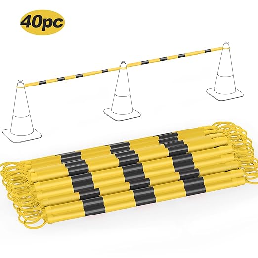 RoadHero 40 Pack 4 FT to 6.9 FT Retractable Cone Bar, Expandable Traffic Cone Bars for Parking Lots, Extendable Barricade for Road Construction, Black and Yellow, Cone Not Included