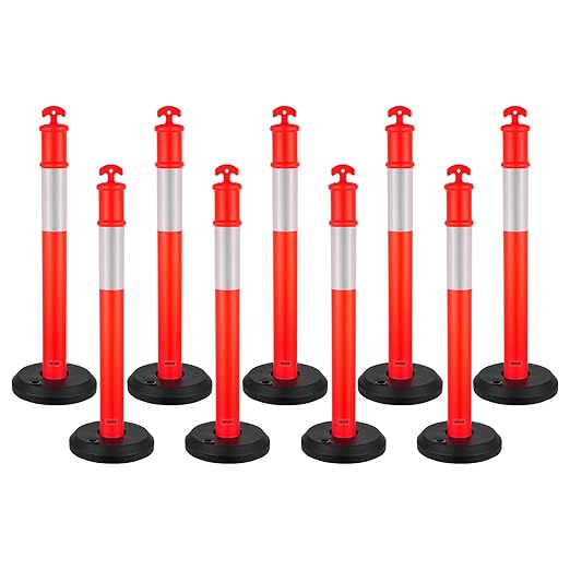 VEVOR 9 Pack Traffic Delineator Posts, 48 inches Traffic Safety Cones with Fillable Base and Reflective Strips, Heavy Duty Delineator Posts for Construction Site, Parking Lot, Crowd Control, Red