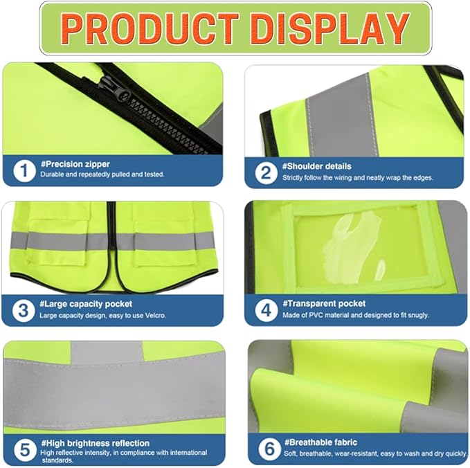 High Visibility Safety Reflective Vest with Pockets and Zipper Construction Hi Vis Work Vest(Neon Yellow/Blue M)