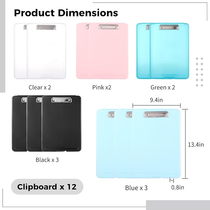 12PCS Plastic Clipboards with Storage, 9.5 x 13.5 Heavy Duty Portable Writing Boards for A4 Paper, Nursing Foldable Clip Board with Metal Clip for Nurse Teacher Student Classroom Office (Bright Color)