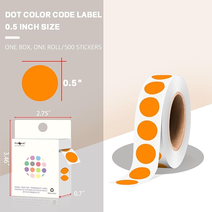 PARLAIM 1/2 Inch Round Adhesive Color-Code Dot Stickers,500 Stickers Inventory Dots Label in Dispenser Box,Orange Circle Coding Labels for Office Home(Orange)