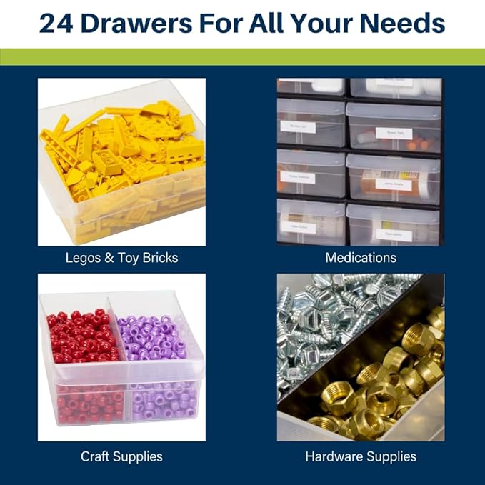 Akro-Mils 24-Drawer Plastic Drawer Storage Cabinet for Garage Organization, Bead Organizer, Building Bricks Storage, Teacher Toolbox, Makeup Organizer, 20-Inch W x 6-Inch D x 16-Inch H, 10124 Red