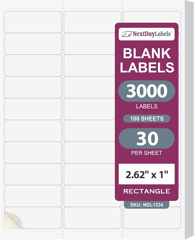 NextDayLabels - 2.5/8" x 1" Rectangular Sticker Labels for Printer - White Laser/Inkjet Printer Labels Return Address Labels Shipping Label Stickers (100 Sheets, 30 Per Sheet, 3000 Labels)