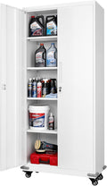 VEVOR Metal Storage Cabinet, 72.6 in Rolling Steel Garage Cabinet with 4 Adjustable Shelves, 2 Magnetic Doors & 2 Keys, 5 Tiers Lockable Tool Storage for Pantry, Warehouse, Basement, Office, White