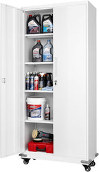 VEVOR Metal Storage Cabinet, 72.6 in Rolling Steel Garage Cabinet with 4 Adjustable Shelves, 2 Magnetic Doors & 2 Keys, 5 Tiers Lockable Tool Storage for Pantry, Warehouse, Basement, Office, White
