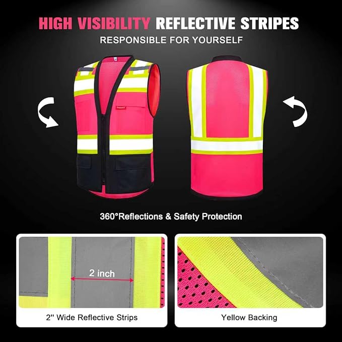 ProtectX 6 Pockets High Visibility Safety Vest for Men Women Class 2 Reflective Hi Vis Work Construction Vest