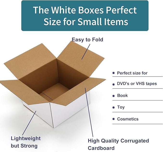 25 Pack Shipping Boxes 6x6x4 Inches, White Corrugated Cardboard Mailing Box for Packing, Mailing, Small Business