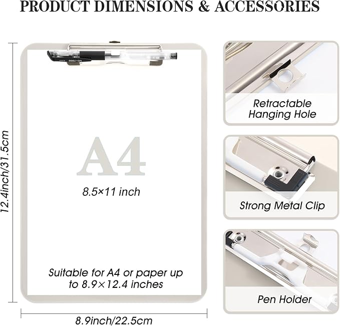 2 PCS Plastic Clipboard with Pen Holder,Standard A4 Letter Size,Nursing Clip Boards 8.5x11 Heavy Duty,Low Profile Clipboards for Women Kids Teacher,School Office Home,Light Gray