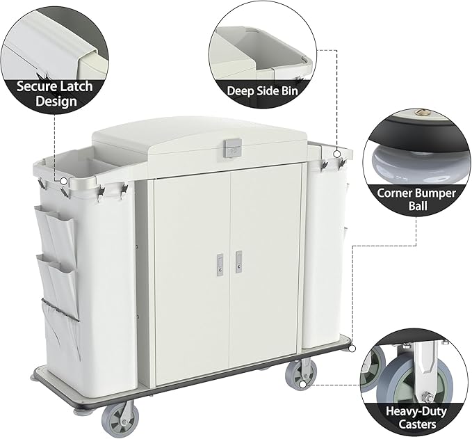 Heavy Duty Metal Housekeeping Janitorial Cart with Wheels,Silent Casters,Locking Large Capacity Cabinets,Cleaning cart for Housekeeping/Commercial Facility/Hotel/Stadium/School