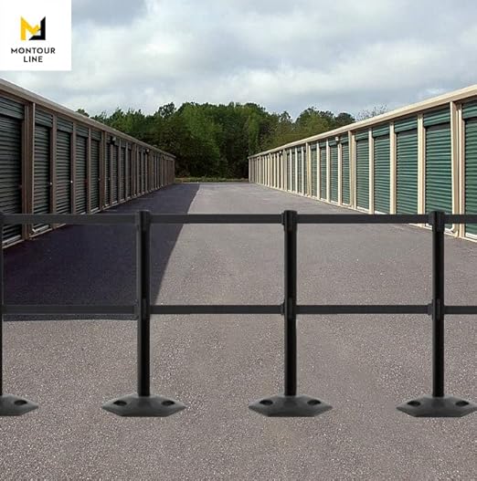 Montour Line MSR630D Set of 2 Retractable Belt Barrier Stanchion, Heavy-Duty Rubber Base, Red Post (7.5 ft Blue and White Diagonal Dual Belt)