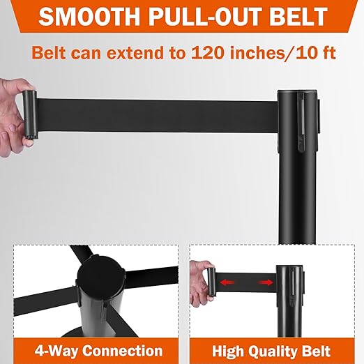 6 Pack Crowd Control Stanchions with 10FT Retractable Belt, Water Filled Base, Black Barrier Posts for Queue Management, Events, and Public Safety