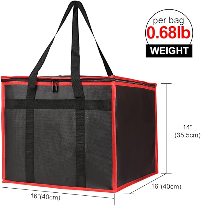 Bodaon Insulated Pizza Delivery Bag, 16" x 16" x 14" Pizza Warmer Bags for Carry Hot, Commercial Delivery Bag, Food Warmers for Parties, Pizza Pack Insulation, Pizza Carrier (Black-Red, 1Pk)