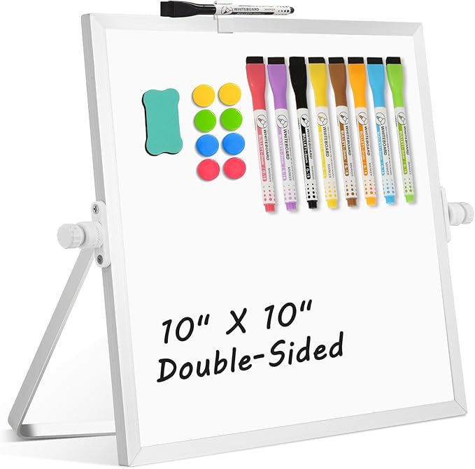 Dry Erase Magnetic White Board, 10" x 10" Double-Sided Desktop Whiteboard with Stand, Portable Small Whiteboard Set for Drawing, Office, Home, School
