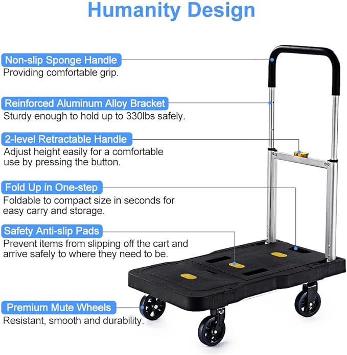 Upgrade Heavy Duty Folding Dolly Cart with Wheels, 330Lb Portable Push Cart, Adjustable Handle for Luggage, Moving, Travel, Shopping & Office Use