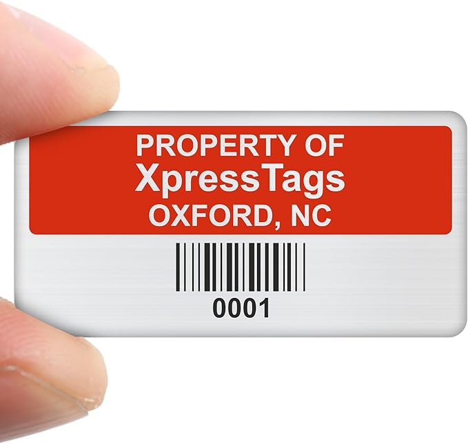 XpressTags 0.75"x1.5" Custom Asset Tags, Fixed Inventory Stickers with Barcode & Serial Number, Brushed Metalized Silver Polyester Labels - Pack Sizes 100 to 5000, Made in USA