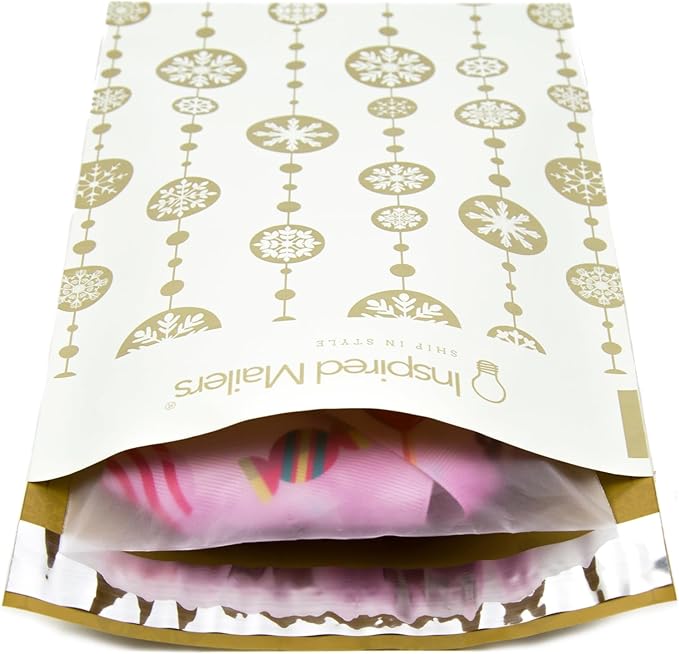 Inspired Mailers - Poly Mailers 6x9-100 Pack - Snowflake Baubles (Gold) - Winter Mailing Envelopes - Small Shipping Bags - Holiday Poly Mailers Bags