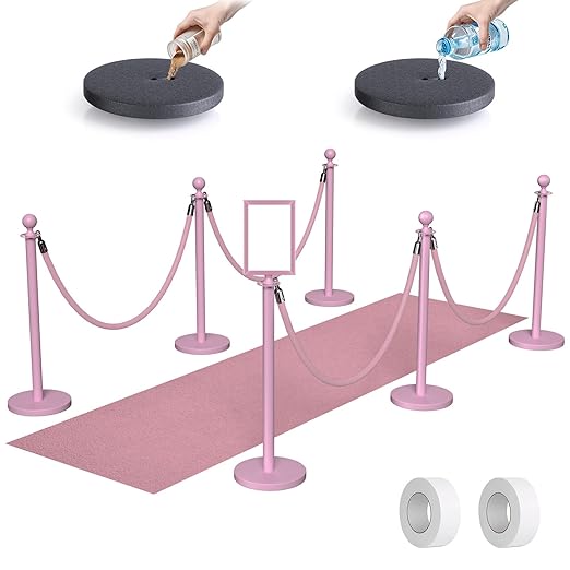 kaiyomi 6Pcs Stanchions Posts Velvet Ropes with Pink Carpet and Sign Frame, Water or Sand-Fillable Base, Suitable for 8.5" x 11" A4 Paper Size Sign Frame for Pink Carpet Party Decoration (Pink)
