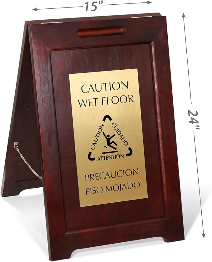 SmartSign Premium Bilingual "Caution Wet Floor" Wooden A-Frame Standing Floor Sign with Symbol, 2-Sided, 24" x 15", Hardwood Pine Frame, 120 mil Brass ACM Sign Face, Black on Gold, Made in USA