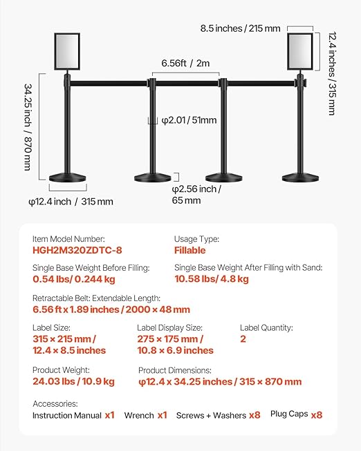 VEVOR Stanchion Post, 8 Pcs Stanchions with Retractable Belts, Carbon Steel Black Stanchions Queue with Sand Injection Hollow Base, Crowd Control Barriers for Theaters, Parties, Weddings, Exhibitions