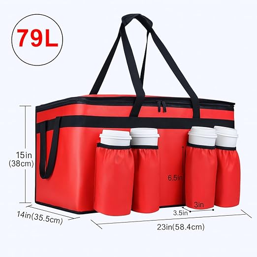 Insulated Food Delivery Bag with 4 Cup Holders, XXX-Large Insulated Grocery Bags Keep Food Hot/Cold, Cooler Bags with Drink Carrier, Food Carrier Catering Bag, Commercial Food Warmers, Red