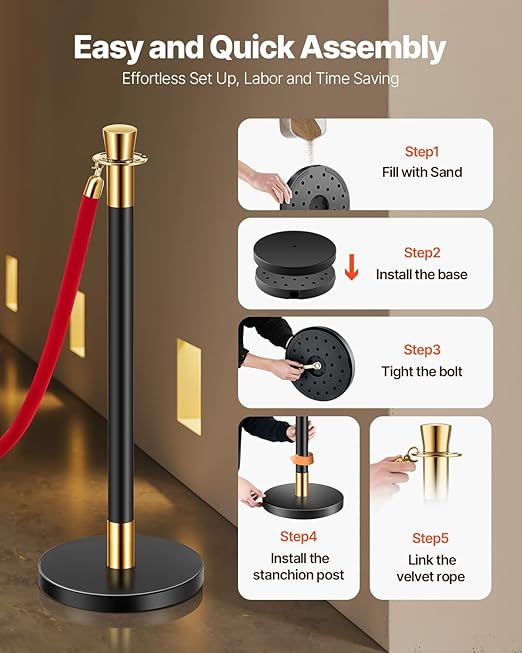 VEVOR Stanchions and Velvet Ropes, 6 Pcs Crowd Control Barriers with 4 Red Velvet Ropes, Stainless Steel Stanchion Post Queue with Sand Injection Hollow Base for Theater, Wedding, Party Supplies